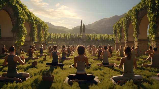 A yoga class in a picturesque vineyard ultra realistic illustration - Generative AI. Vineyard, yoga, class, mountain, grass.