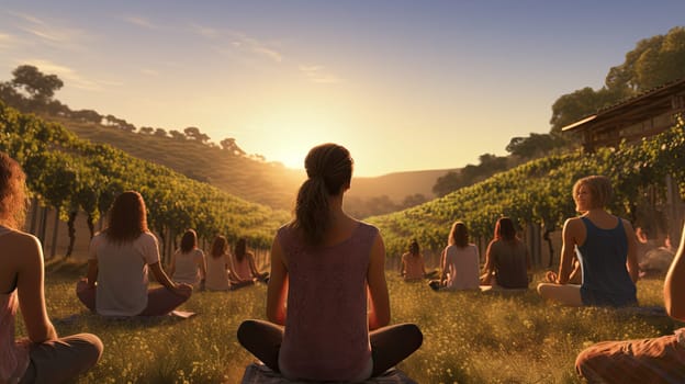 A yoga class in a picturesque vineyard ultra realistic illustration - Generative AI. Vineyard, yoga, class, mountain, grass.