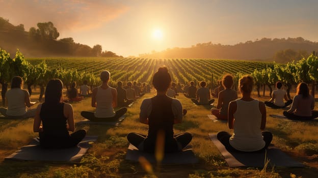 A yoga class in a picturesque vineyard ultra realistic illustration - Generative AI. Vineyard, yoga, class, mountain, grass.