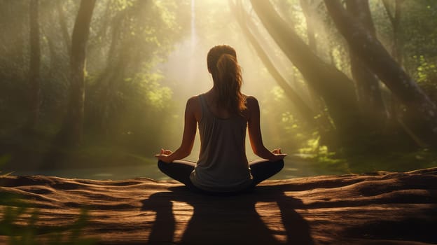 A yoga practicioner in a serene forest ultra realistic illustration - Generative AI. Forest, woman, yoga, pose.