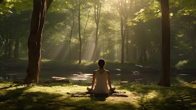 A yoga practicioner in a serene forest ultra realistic illustration - Generative AI. Forest, woman, yoga, pose.