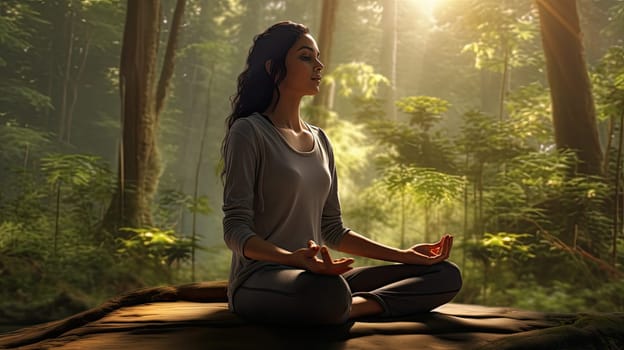 A yoga practicioner in a serene forest ultra realistic illustration - Generative AI. Forest, woman, yoga, pose.