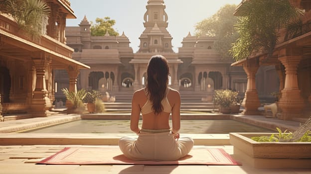 A yoga practicioner in a serene courtyard ultra realistic illustration - Generative AI. Courtyard, yoga, position, woman.