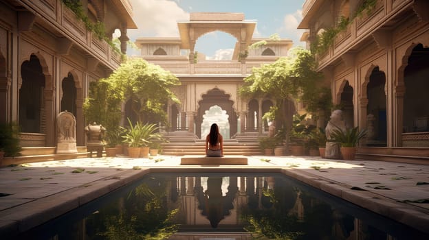 A yoga practicioner in a serene courtyard ultra realistic illustration - Generative AI. Courtyard, yoga, position, woman.