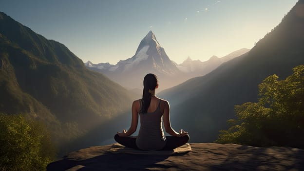 A yoga practicioner in a tranquil mountains ultra realistic illustration - Generative AI. Mountain, girl, yoga, position.
