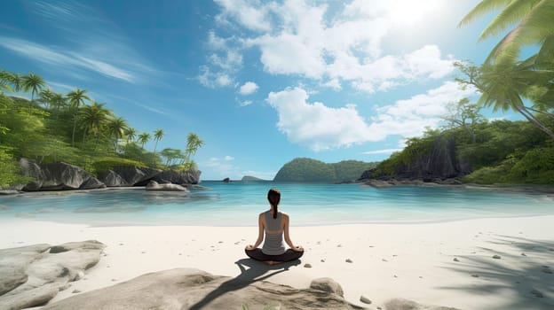 A yoga practicioner on a remote island ultra realistic illustration - Generative AI. Beach, water, sky, girl, yoga.