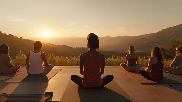 A yoga retreat in a quite countryside ultra realistic illustration - Generative AI. Countryside, yoga, class, hills, sunlight.