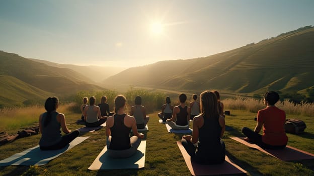 A yoga retreat in a quite countryside ultra realistic illustration - Generative AI. Countryside, yoga, class, hills, sunlight.