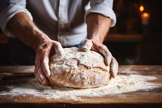 Men's hands in flour on homemade rustic organic bread. Homemade baking. Generated by artificial intelligence