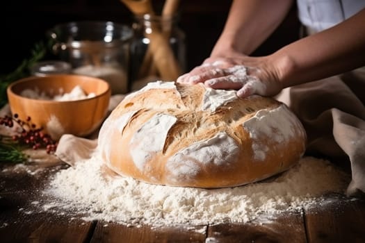 Men's hands in flour on homemade rustic organic bread. Homemade baking. Generated by artificial intelligence