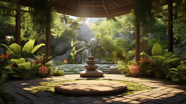 A yoga session in a tranquil spa ultra realistic illustration - Generative AI. Palms, sunlight, mat, veranda.