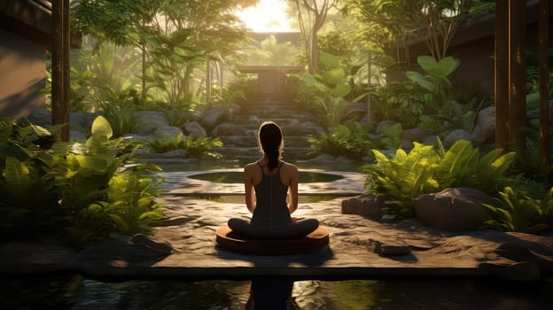 A yoga session in a tranquil spa ultra realistic illustration - Generative AI. Palms, sunlight, mat, veranda.