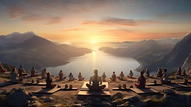 A yoga session in a mountaintop ultra realistic illustration - Generative AI. Mountain, morning, yoga, people.