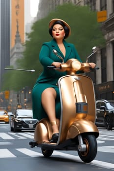 curvy elegant empowered business woman driving electric scooter in downtown illustration genrative ai art