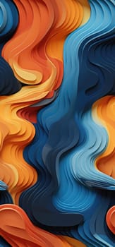 A mesmerizing fusion of orange, yellow, and blue waves bold graphic illustration - Generative AI. Distortion, dark, waves, yellow, orange.