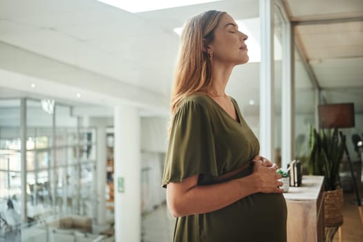 Woman, relax or pregnant stomach in office break in breathing meditation in company workplace. Belly, calm employee or mom in pregnancy in career, work and job with peace, affection and care for baby.