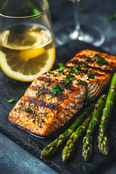 fried salmon on a plate, Generative AI, food