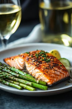 fried salmon on a plate, Generative AI, food