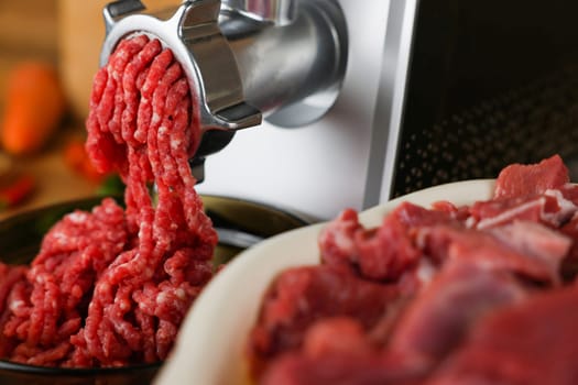 The concept of healthy and proper nutrition, cooking.On the left is red ground beef with fat streaks that comes out of a metal meat grinder and falls into a black dish, on the right there is a dish with pieces of beef in out-of-focus. High quality photo