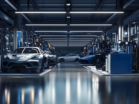 High-tech automotive factory featuring a futuristic sports car on the production line. The illuminated, clean, and organized workspace highlights innovation, precision engineering, and advanced manufacturing.