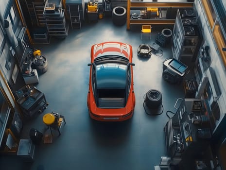 A red sports car is parked in the center of a well-organized auto repair garage, surrounded by tools, tires, and equipment. The workspace reflects precision, mechanical expertise, and automotive maintenance.