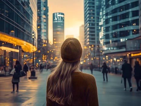 A young woman wearing a beanie and sweater walks through a modern city at sunset. The warm lights of buildings and streets create a cozy urban atmosphere, reflecting exploration and city life.