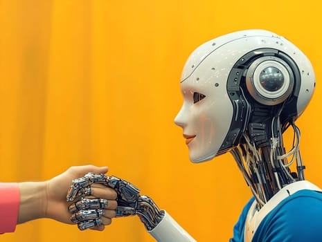 A humanoid robot with a sleek white design shakes hands with a human against a vibrant yellow background. This interaction symbolizes artificial intelligence, technology, and human-robot collaboration.