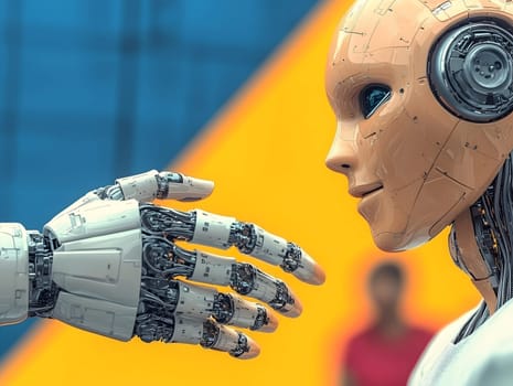 Two advanced humanoid robots extend their hands toward each other, symbolizing artificial intelligence, robotics, and technological evolution. A blurred human figure stands in the background, adding depth.
