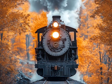 A majestic vintage steam train moves through an autumn forest, emitting smoke and glowing headlights. The warm orange foliage contrasts with the dark locomotive, creating a nostalgic and scenic view.