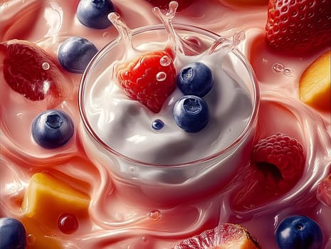 A delicious mix of blueberries, strawberries, raspberries, and mango pieces immersed in creamy yogurt, creating a dynamic splash. The vibrant colors and textures highlight freshness and indulgence.