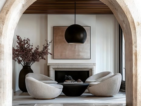 A beautifully designed living room featuring modern round chairs, a black pendant light, and a cozy fireplace. The neutral tones, arched entryway, and minimalist decor create a sophisticated ambiance.