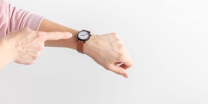 Hurry Up To Work. Woman's hands with wrist watches waiting for appointment or delay with clock, late or pointing, time management for schedule or travel