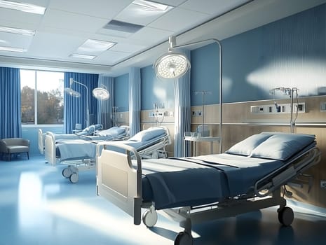 A bright and sterile hospital room featuring empty adjustable medical beds, advanced equipment, and large windows allowing natural light. The environment reflects healthcare, recovery, and patient care.