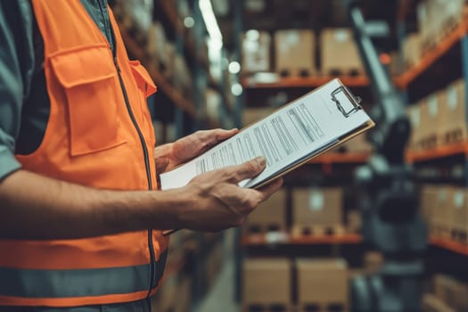 A warehouse worker in safety gear carefully reviews a checklist on a clipboard, ensuring compliance with safety protocols and maintaining an organized workspace.