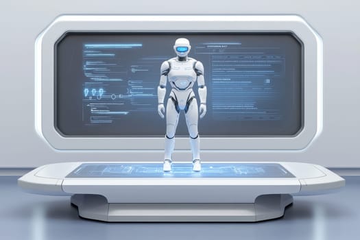 A robot is standing in front of a computer monitor. The robot is white and has a blue face. The computer monitor is displaying a blue screen with a robot on it