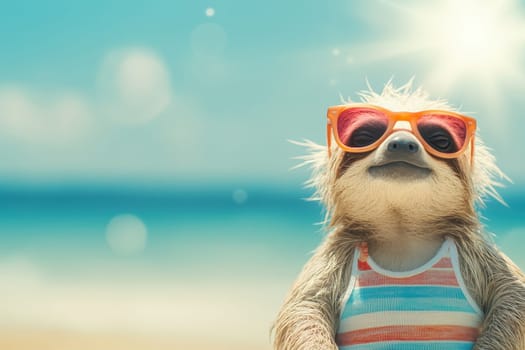 A cheerful sloth wearing stylish sunglasses and a striped tank top relaxes on a sunny beach, embodying a perfect summer vibe and carefree spirit.
