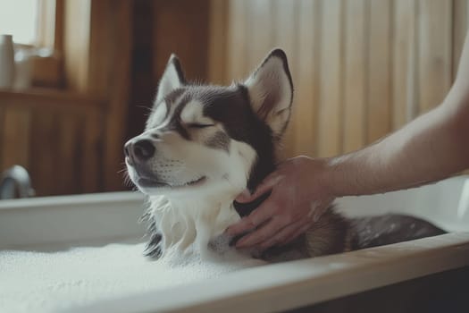 A content husky enjoys a soothing bubble bath in a large bathtub. A human hand gently caresses the dog's fur, showcasing relaxation and joy.