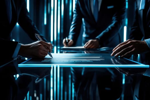 A captivating back view of executives in formal business attire engaged in a meeting, showcasing collaboration and strategic planning in a modern setting.