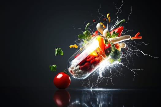 A glowing capsule cracks open, revealing a burst of colorful, fresh ingredients. The image captures the dynamic energy of healthy food in a modern, artistic presentation.