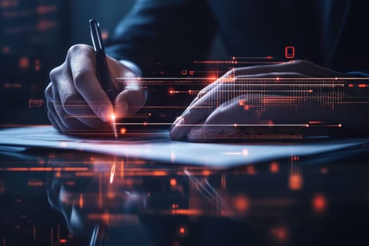 A close-up of a professional hand signing documents with futuristic digital elements, showcasing innovation in business practices and technology integration.