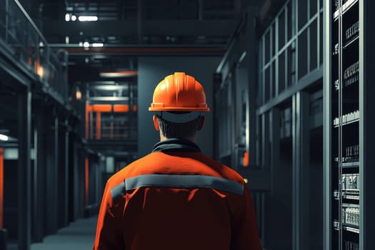A back view of an engineer in a hard hat observing an industrial environment. The image captures a professional in a safety gear, focused on work operations and equipment.