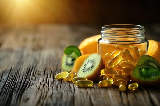 A visually appealing arrangement of natural capsules and fresh fruits, including kiwi and banana, in a glass jar on a rustic wooden surface. The warm sunlight enhances the vibrant colors of the fruits and capsules,
