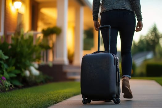 A modern traveler is seen stepping onto a welcoming front porch, casually pulling a sleek suitcase. The warm evening light highlights a journey filled with comfort and anticipation.