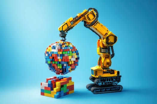A futuristic robot engages in the assembly of a colorful sphere using cube blocks. The minimalist design highlights innovative technologies in automation and engineering.