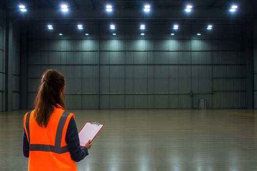 A technician in a high visibility vest stands with a clipboard in an empty warehouse. The bright indoor lighting enhances the spacious environment, ideal for inspections.