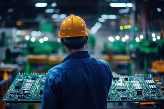 A quality control inspector in a yellow safety helmet examines a large circuit board in an industrial setting, ensuring standards are met.