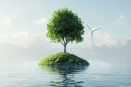 This conceptual image showcases a tree on an island surrounded by water with wind turbines in the background, symbolizing the harmony between nature and renewable energy.