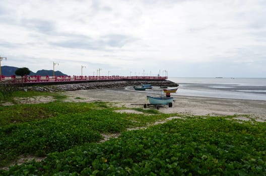 Bridge for mooring fishing boats in the middle of the sea. Prachuap Khiri Khan Province, Thailand