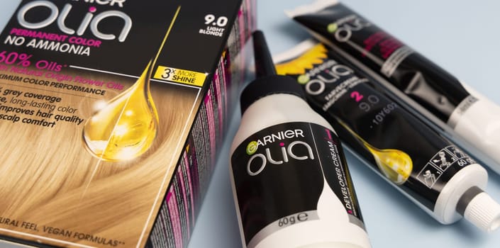 Blond hair dye from Garnier brand from home use. Copenhagen, Denmark - February 6, 2025