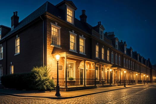 Row of elegant historic townhouses illuminated by warm porch lights at night. A vintage streetlamp enhances the cobblestone street, creating a charming and timeless architectural atmosphere.